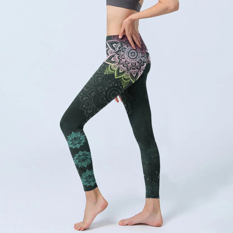 Buddha Stones Symmetry Mandalas Lotus Flowers Pattern Print Gym Leggings Women's Yoga Pants