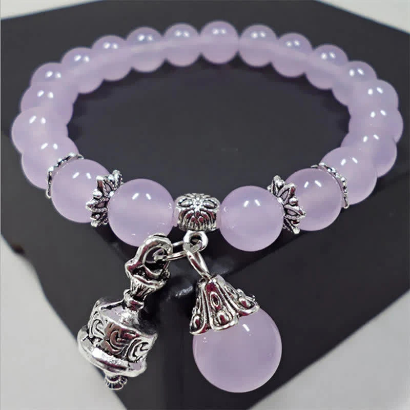 Buddha Stones Vintage Crystal Chalcedony Stone Energy Beaded Bell Charm Bracelet