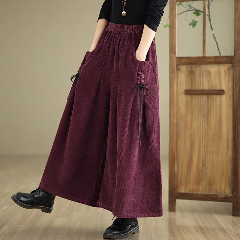 Buddha Stones Women's Pure Color Drawstring Design Wide Leg Corduroy Pants With Pockets
