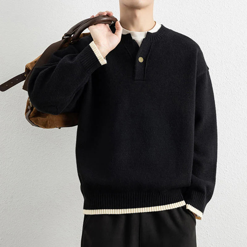 Buddha Stones Winter V-Neck One Button Design Warm Men's Long Sleeve Knitted Sweater