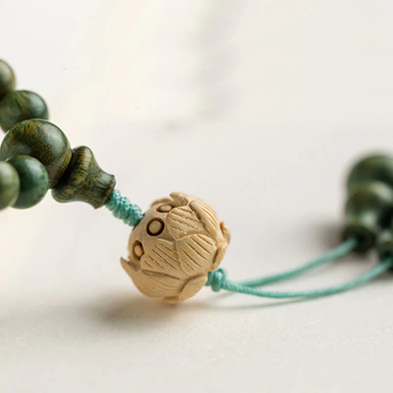 Buddha Stones 108 Mala Beads Green Sandalwood Boxwood Lotus Positive Bracelet (Extra 35% Off | USE CODE: FS35)