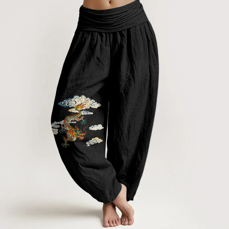 Buddha Stones Pure Cotton Colorful Dragon Cloud Pattern Women's Elastic Waist Harem Pants