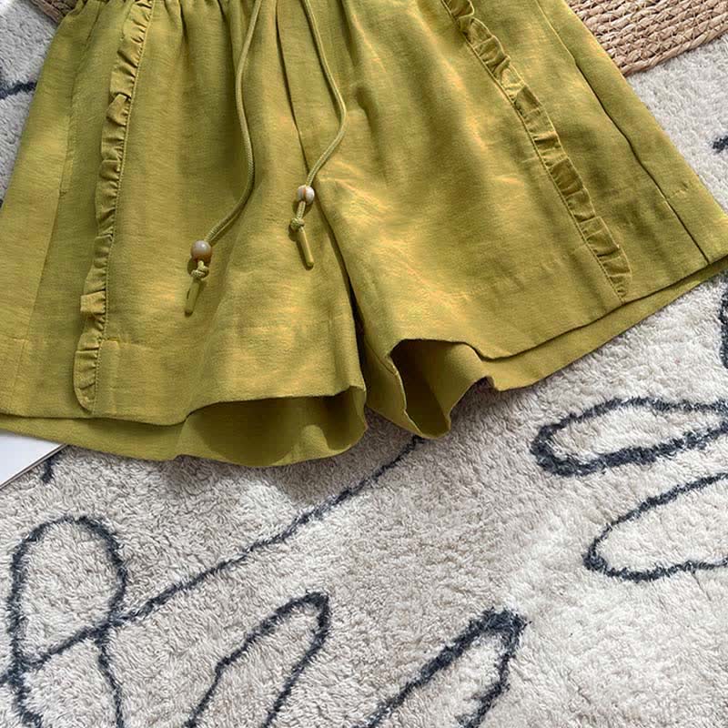 Buddha Stones Summer Drawstring Ruffle Elastic Waist Women's Shorts With Pockets