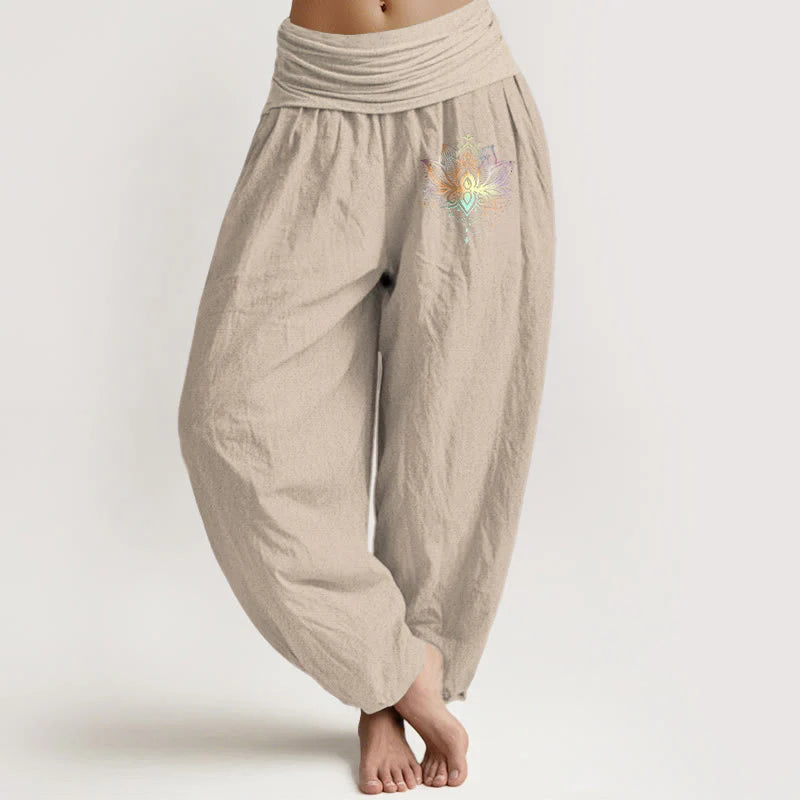 Buddha Stones Pure Cotton Rainbow-colored Lotus Pattern Women's Elastic Waist Harem Pants