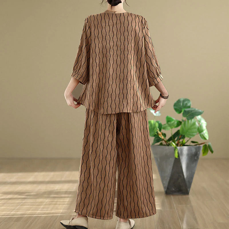Buddha Stones 2pcs Striped Pattern Short Sleeve Shirt Polyester 7 Length Harem Pants Set With Pocket