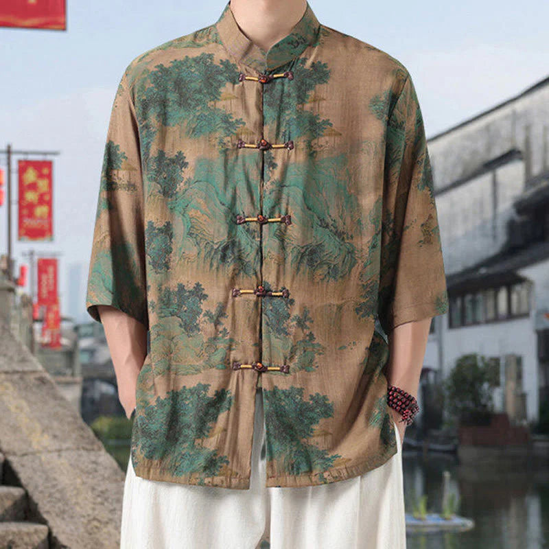 Buddha Stones Dragon Auspicious Clouds Green Mountains Chinese Frog-Button Men's Half Sleeve Cotton Linen Shirt