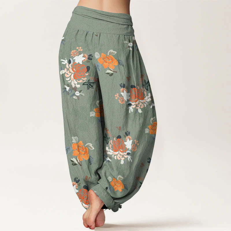 Buddha Stones Pure Cotton Vibrant Color Flowers Leaves Pattern Women's Elastic Waist Harem Pants