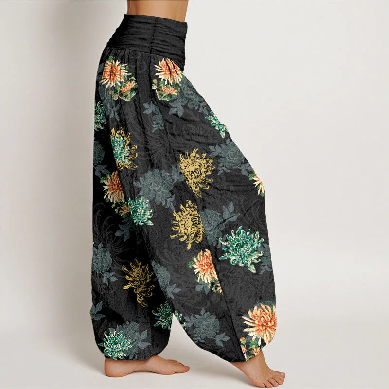 Buddha Stones Cotton Various Colors Chrysanthemum Pattern Women's Elastic Waist Harem Pants
