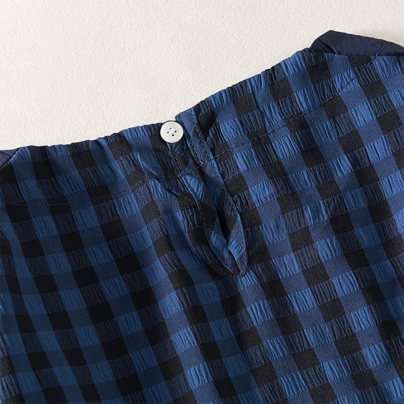 Buddha Stones Summer MidnightBlue Checked  A-line Pleated Crew Neck Knee Length Women's Short Sleeve Dress