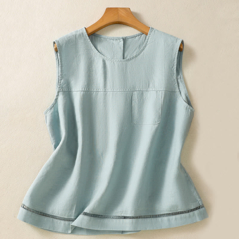 Buddha Stones Simple Crew Neck Button Design Women's Cotton Sleeveless Vest