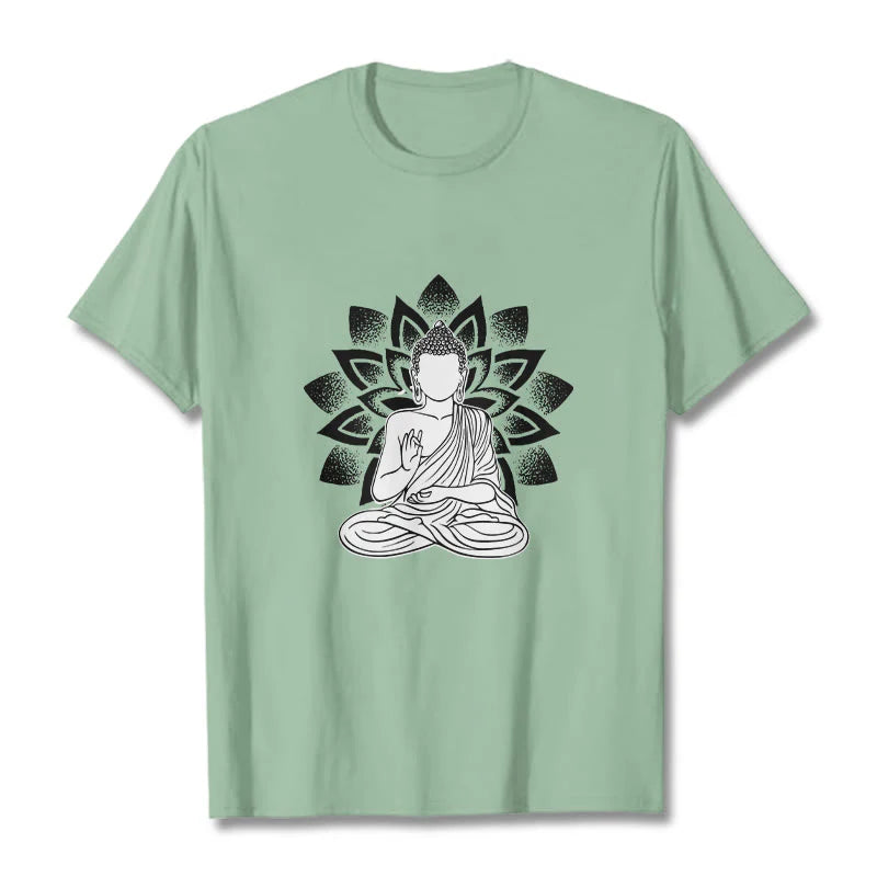 Buddha Stones Seated Buddha Lotus Flower Pattern Tee T-shirt