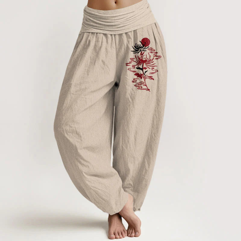 Buddha Stones Chrysanthemums Sun Pattern Women's Elastic Waist Harem Pure Cotton Pants