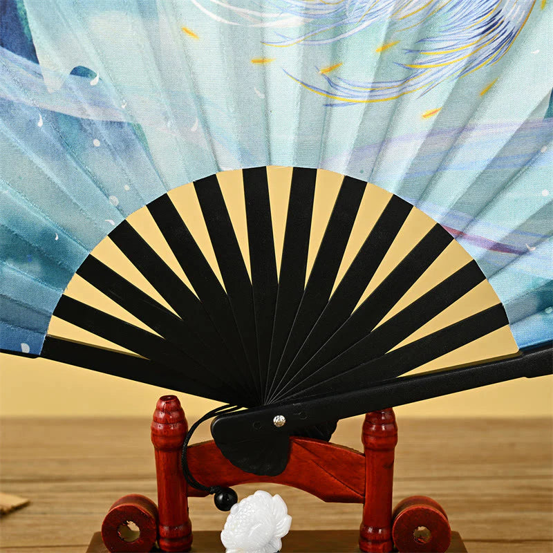 Buddha Stones Vintage Phoenix Nine Tailed Fox Flower Bamboo Tiger Handheld Folding Fan Lotus Tassel Fan