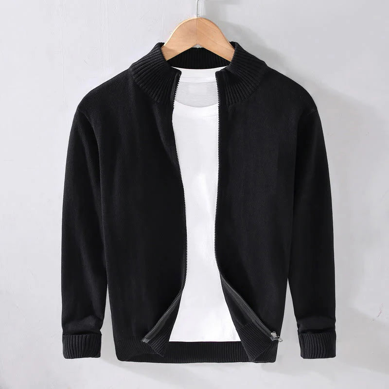 Buddha Stones Plain Zipper Ribbed Bottom Hem Design Men's Long Sleeve Cotton Jacket