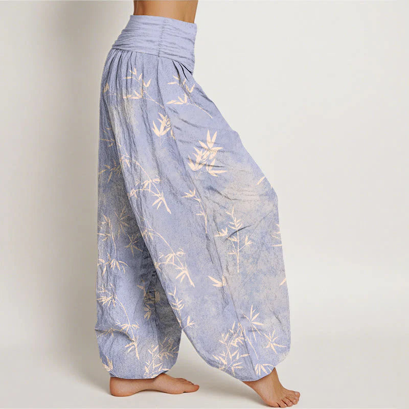 Buddha Stones Cotton Simple Bamboo Leaves Pattern Women's Elastic Waist Harem Pants