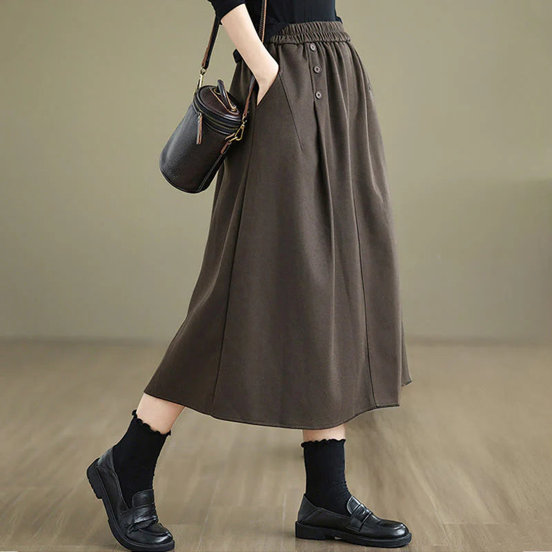 Buddha Stones Women's Winter Pure Color Cotton 7-8 Length Elastic Waistband Skirt With Pockets