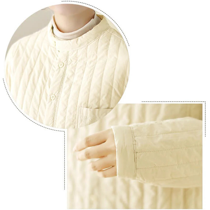 Buddha Stones Women's Stand Collar Simple Design Long Sleeve Thermal Cotton Jacket With Pocket