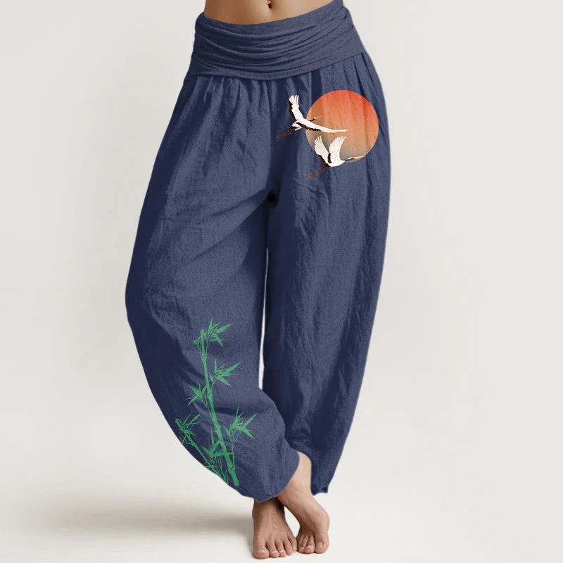 Buddha Stones Pure Cotton Elegant Sun Crane Bamboo Pattern Women's Elastic Waist Harem Pants