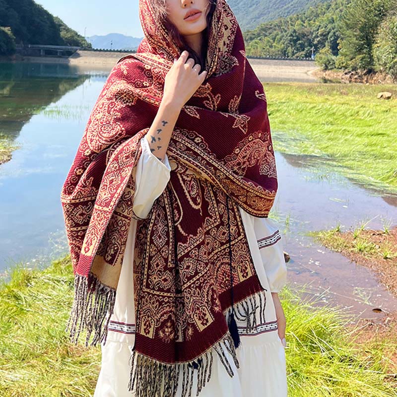Buddha Stones Jacquard Ethnic Paisley Plants Pattern Tassel Soft Thermal Scarf Shawl