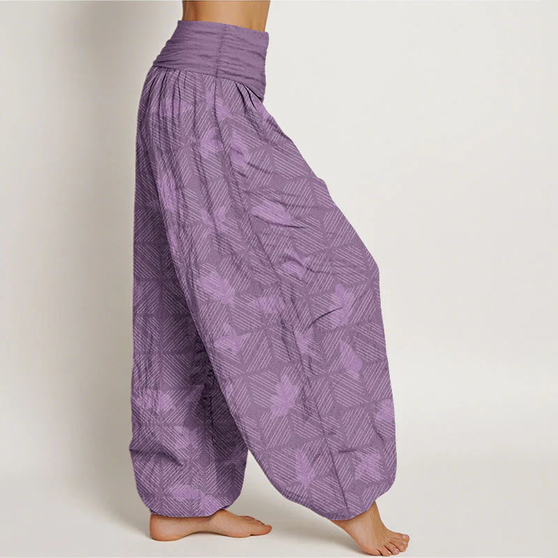 Buddha Stones Cotton Neatly Arranged Checkered Leaf Pattern Women's Elastic Waist Harem Pants