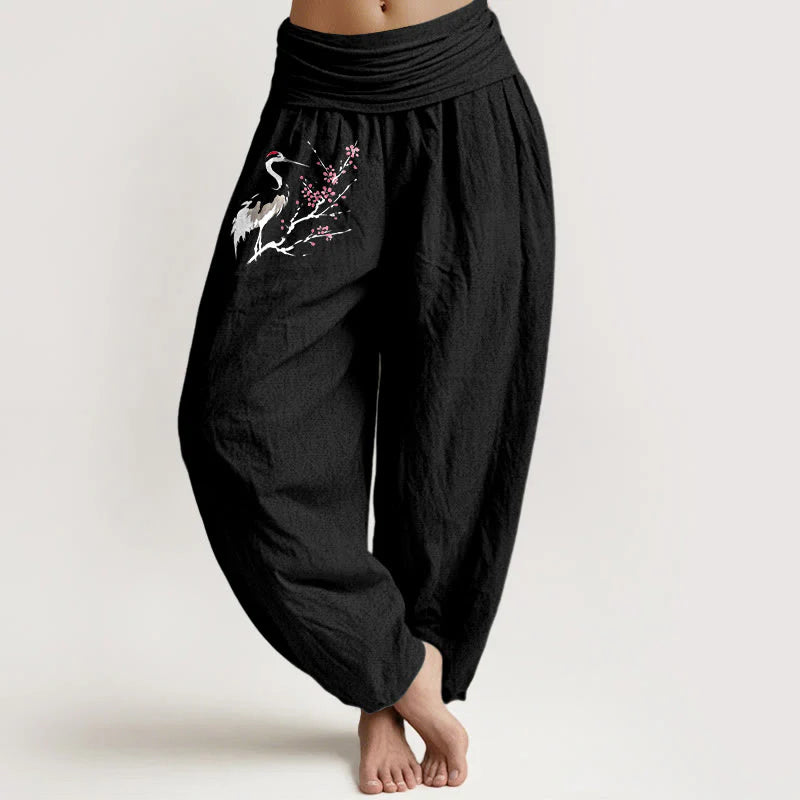 Buddha Stones Crane Blooming Branches Pattern Women's Elastic Waist Harem Pure Cotton Pants