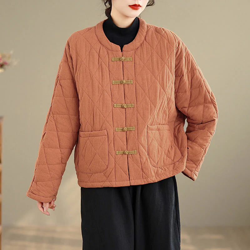 Buddha Stones Winter Frog-Button Diamond-shaped Lines Cotton Long Sleeve Women's Thermal Jacket With Pockets
