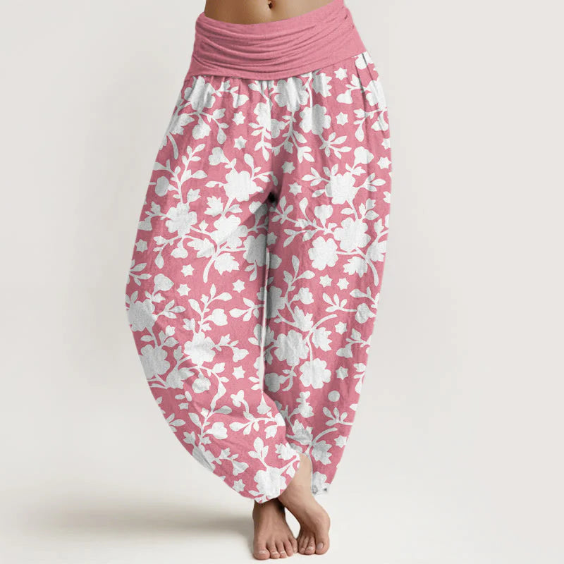 Buddha Stones Pure Cotton White Flowers Leaves Stars Pattern Women's Elastic Waist Harem Pants