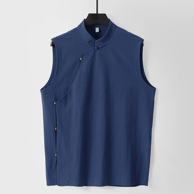 Buddha Stones Summer Solid Color Stand Collar Frog-Button Men's Cotton Linen Sleeveless Vest