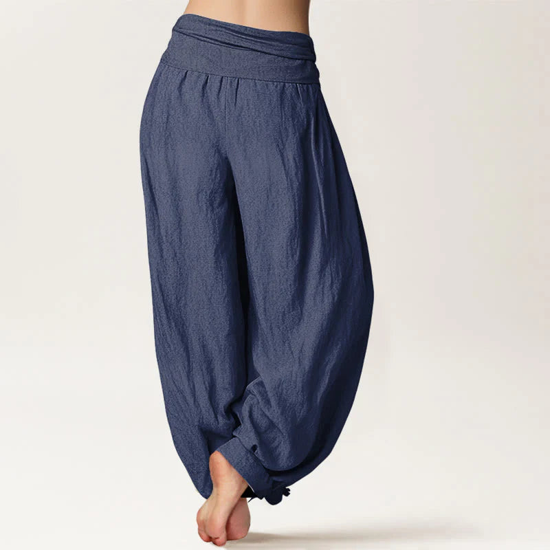 Buddha Stones Plain DarkSlateBlue Pure Cotton Women's Elastic Waist Harem Pants