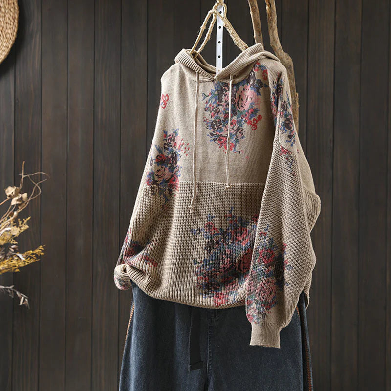 Buddha Stones Women's Knitted Floral Cotton Long Sleeve Hooded Sweater