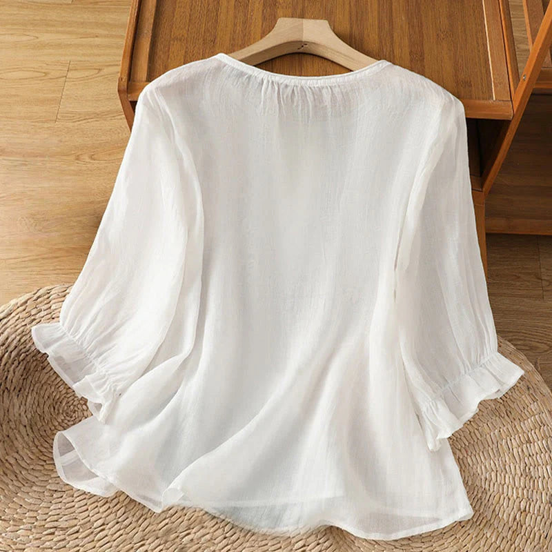 Buddha Stones Flower Vines Embroidery Button Crew Neck Three Quarter Sleeve Women's Cotton Shirt