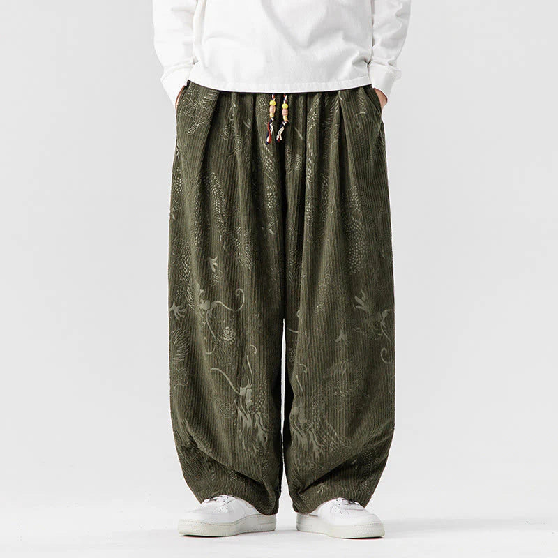 Buddha Stones Winter Dragon Phoenix Pattern Cotton Corduroy Men's Harem Pants With Pockets