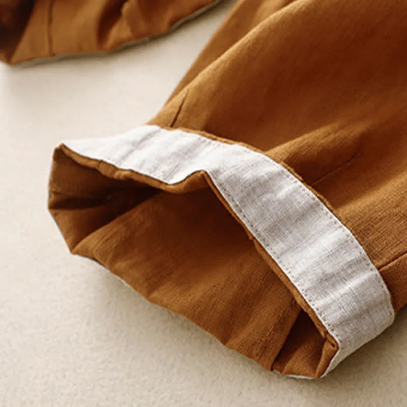 Buddha Stones Summer Plain Elastic Waist Two-tone Cuffs Cropped Women's Tapered Pants With Pockets