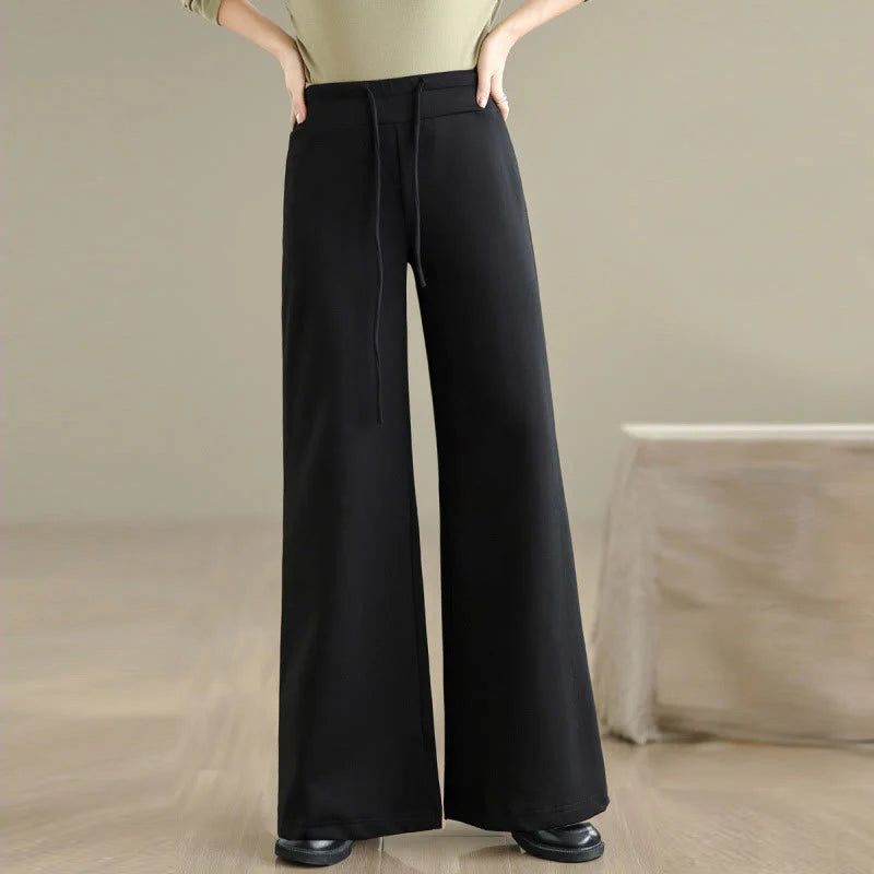 Buddha Stones Plain Drawstring Cotton Polyester Women's Wide Leg Pants With Pockets