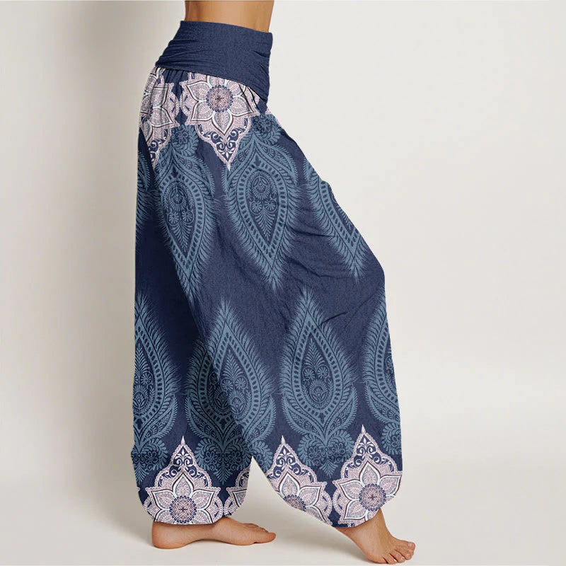 Buddha Stones Cotton Casual Feather Flower Design Women's Elastic Waist Harem Pants