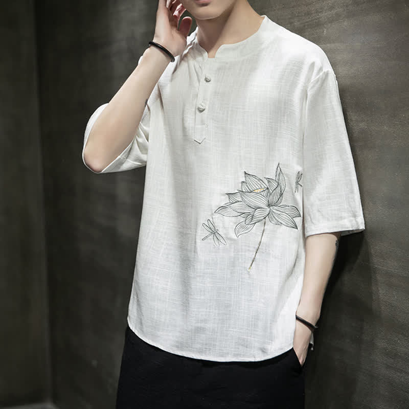 Buddha Stones Summer Embroidered Lotus Dragonfly Pattern Chinese Frog-Button Men's Short Sleeve T-shirt