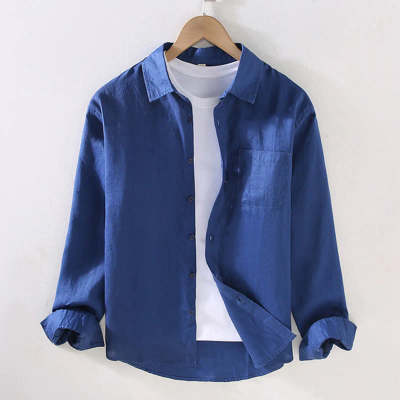 Buddha Stones Spring Men's Casual Pure Color Linen Long Sleeve Shirt With Pocket