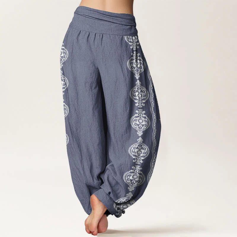 Buddha Stones Pure Cotton Mandala Om Mani Padme Hum Women's Elastic Waist Harem Pants