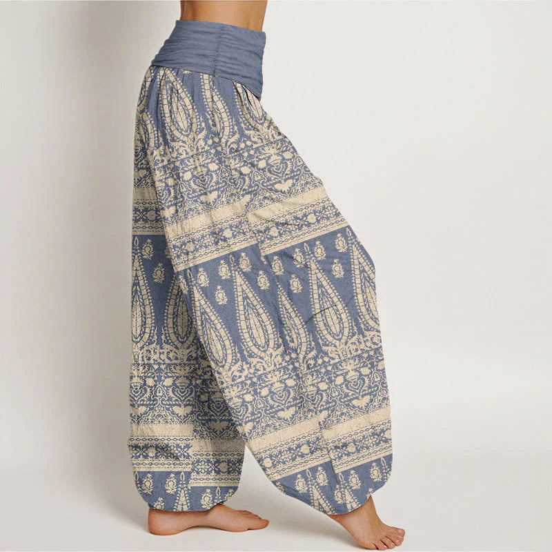 Buddha Stones Pure Cotton Casual Feather Stripes Design Women's Elastic Waist Harem Pants