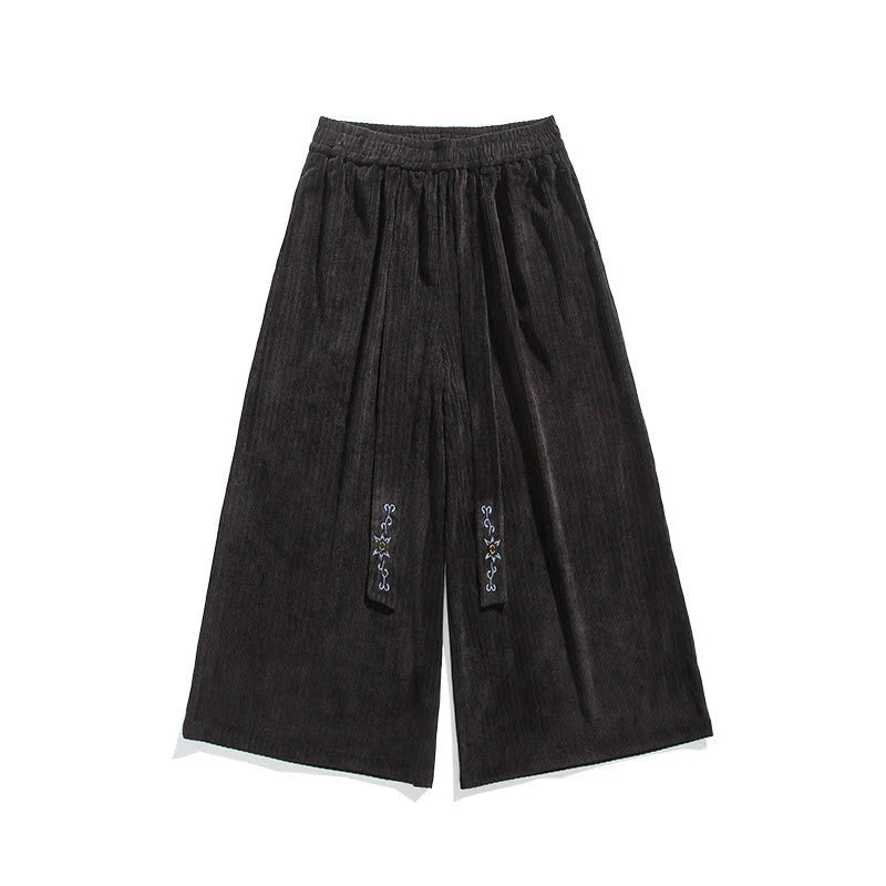 Buddha Stones Casual Embroidery Drawstring Design Men's Corduroy Wide Leg Pants With Pockets