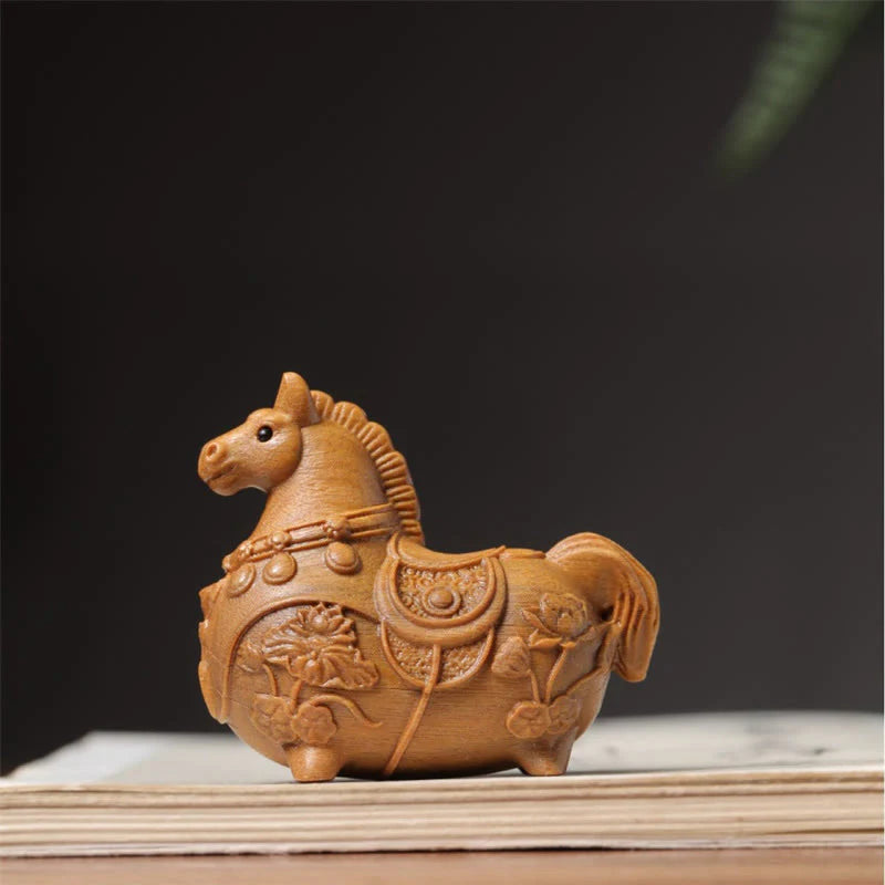 Buddha Stones Mini Year of the Horse Lotus Ebony Linden Wood Green Sandalwood Decoration 5.5*5*3.2cm