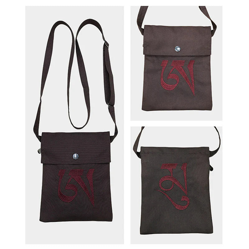 Buddha Stones Handmade OM Mantra Embroidered Spiritual Mind Practice Cotton Crossbody Bag Shoulder Bag Cellphone Bag