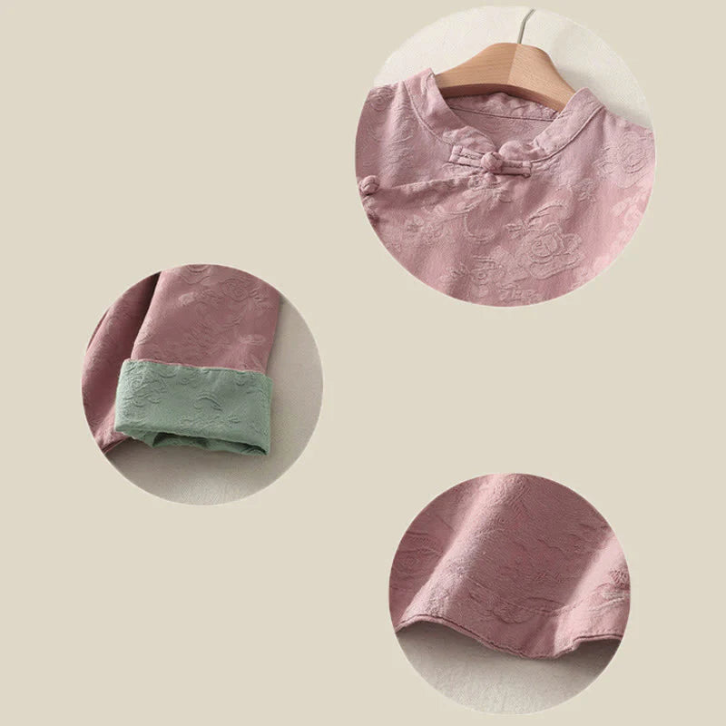 Buddha Stones Jacquard Diagonal Placket Long Sleeve Women's Cotton Linen Buttons Shirt