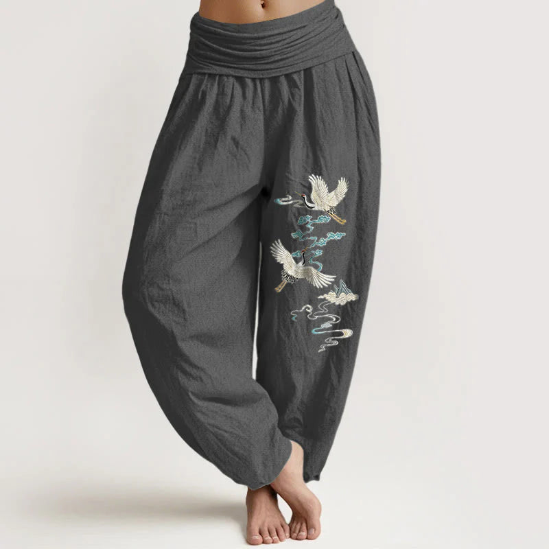 Buddha Stones Pure Cotton Elegant Crane Cloud Mountain Pattern Women's Elastic Waist Harem Pants