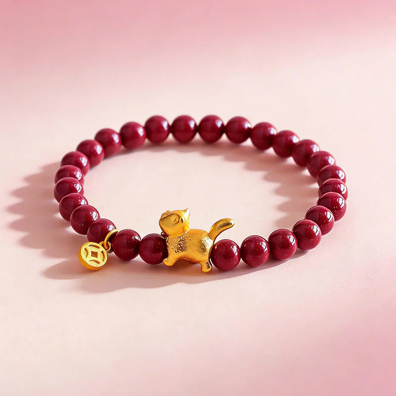 Buddha Stones Cute Lucky Cat Charm Garnet Cinnabar Calm Protection Beaded Bracelet