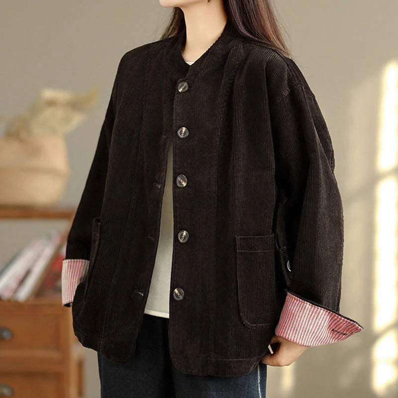 Buddha Stones Buttons Design Corduroy Long Sleeve Women's Jacket With Pockets