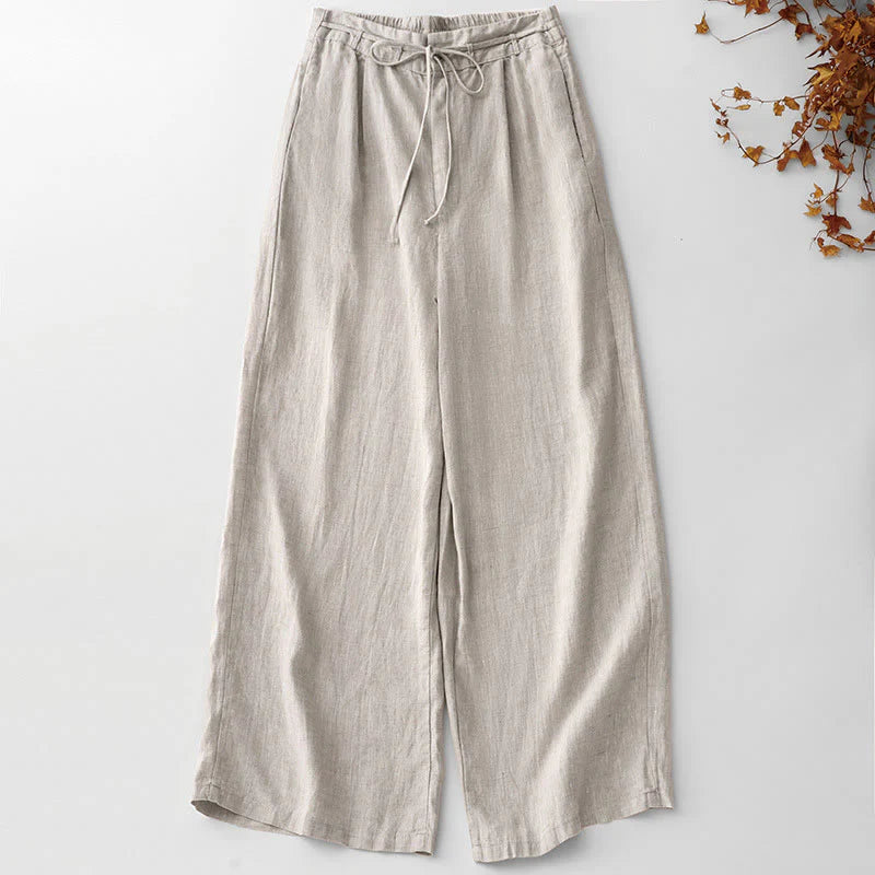 Buddha Stones Summer Plain Color Ankle-Length Drawstring Cotton Linen Women's Wide Leg Pants With Pockets Zipper