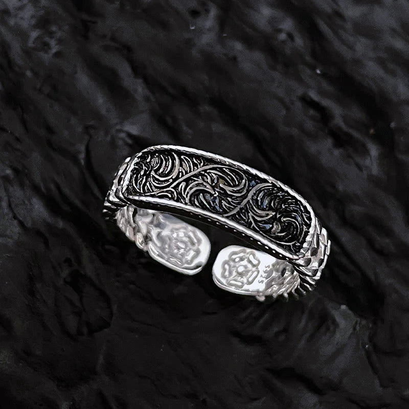 Buddha Stones Tang Dynasty Flower Design Engraved Copper Luck Cuff Bracelet Bangle Adjustable Ring