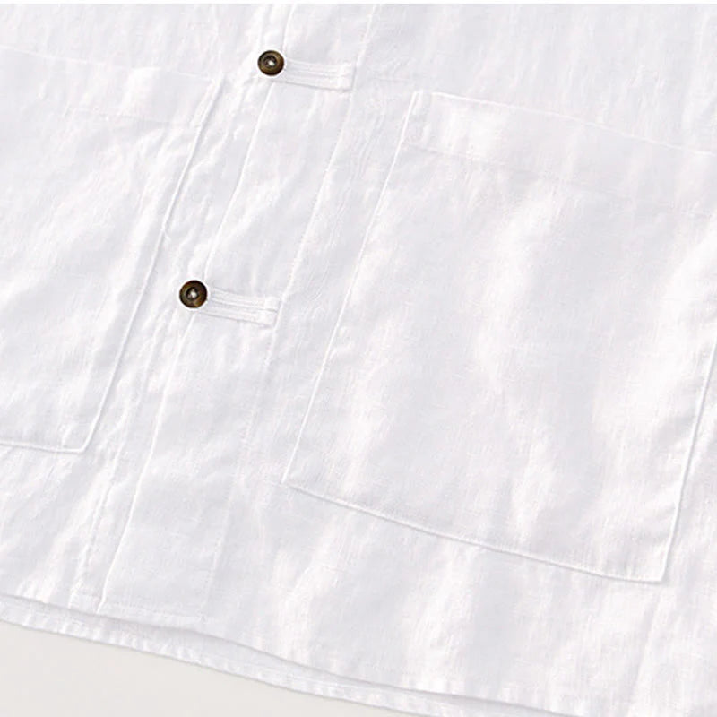 Buddha Stones Solid Summer Short Sleeve Buttons Linen Men's Shirt With Pockets