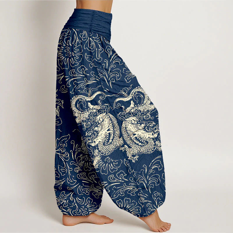 Buddha Stones Pure Cotton Dragon Floral Women's Elastic Waist Harem Pants